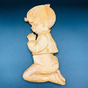 70s Hand Carved Wood Wall Plaque Praying Boy Vintage Gerard Lamonde Wall Hanging